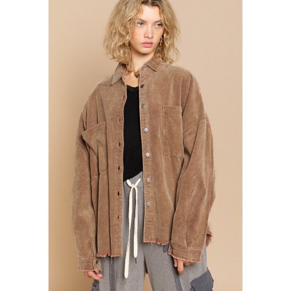 POL CLOTHING Women's Teddy Bear Corded Corduroy Shacket Button Up Jacket SMJ194 - Picture 5 of 8